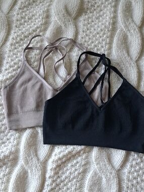 aerie Ribbed Bralette Set in Black & Light Taupe